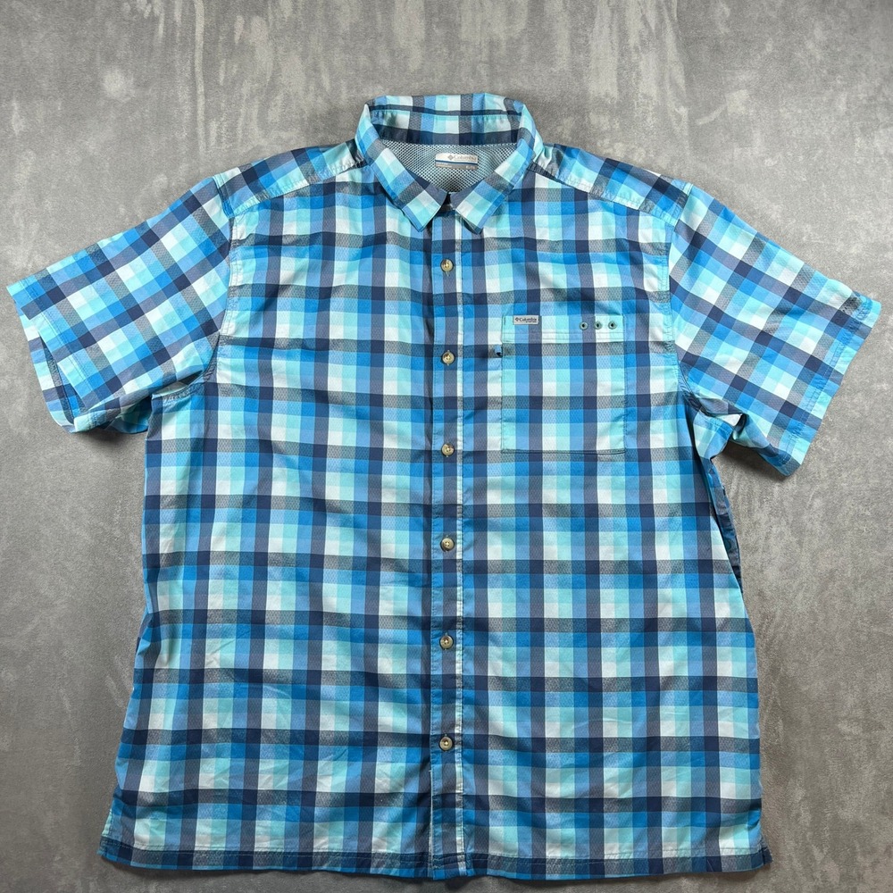 Columbia PFG Mens XL Blue Plaid Short Sleeve Fishing Shirt Button Up